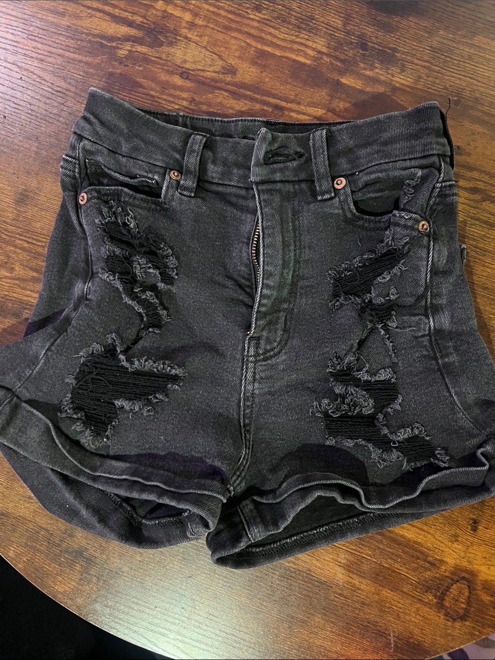 American Eagle High-Waist Distressed Black Denim Shorts